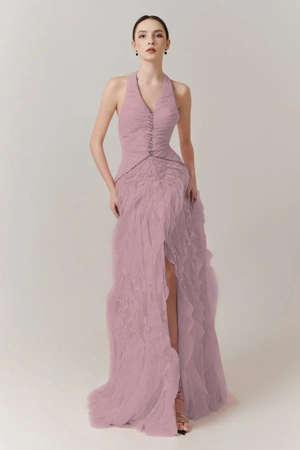 Blushing Pink Halter Strap Pleated V-Neck Split Evening Dress With Beads