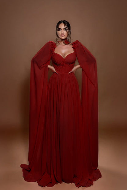 Chic A Line Sleeveless Long Pleated Prom Dress With Shoulder Cape