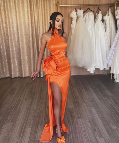 Orange Flower Halter Slit Prom Dress