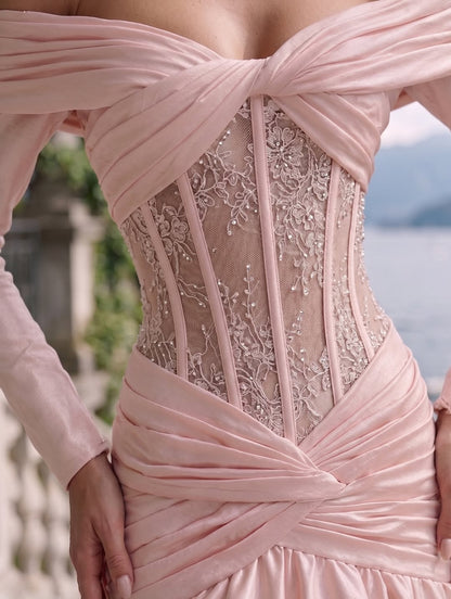 Charming Long Sleeves Square A-Line Pleated Satin Evening Dress