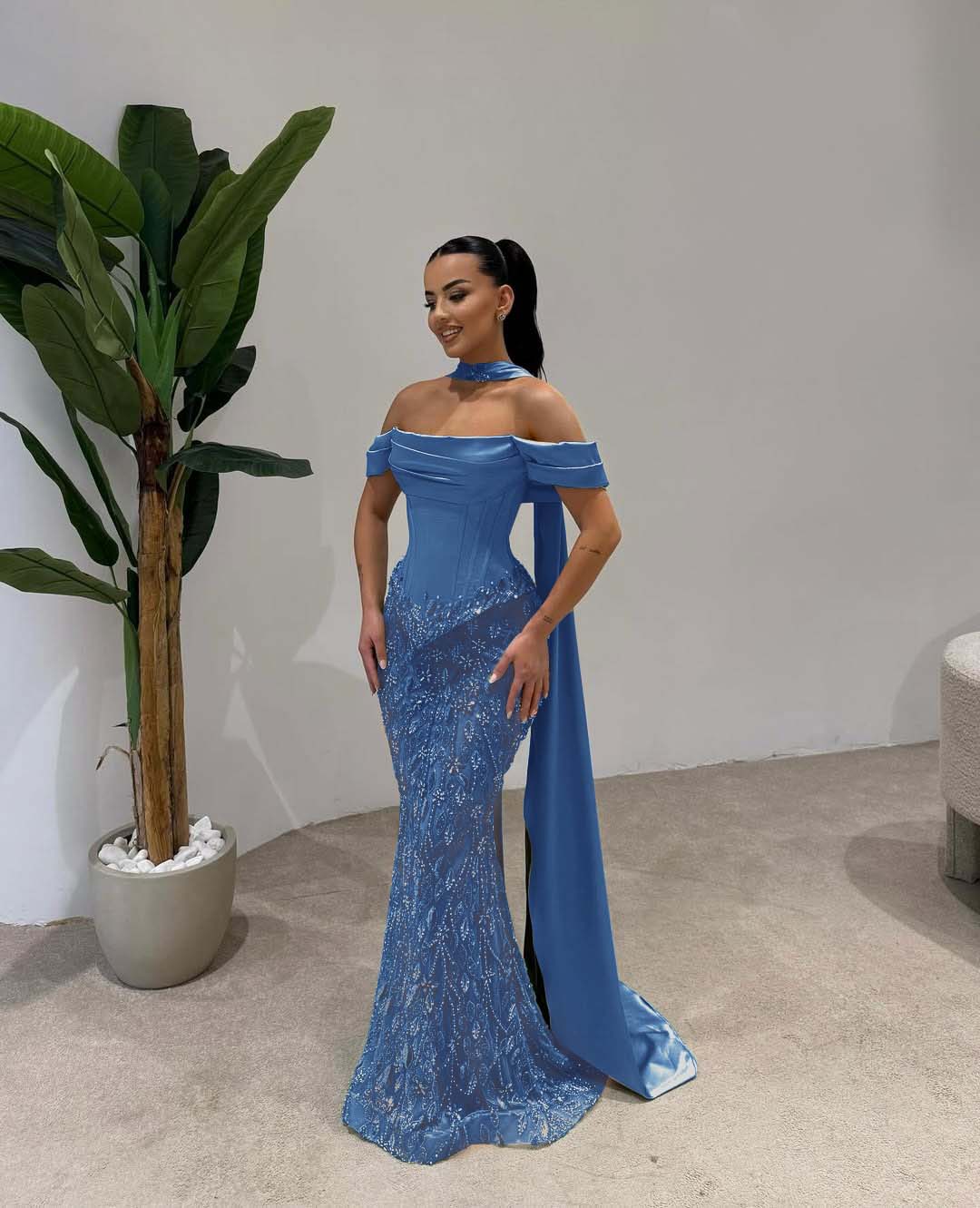 Off Shoulder Beads Mermaid Square Prom Dress With Scarf