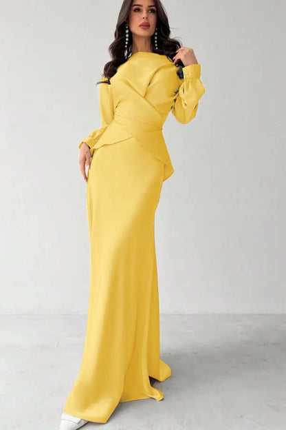 Glamorous Champagne Satin Long Sleeves Jewel Neck Slim Prom Dress