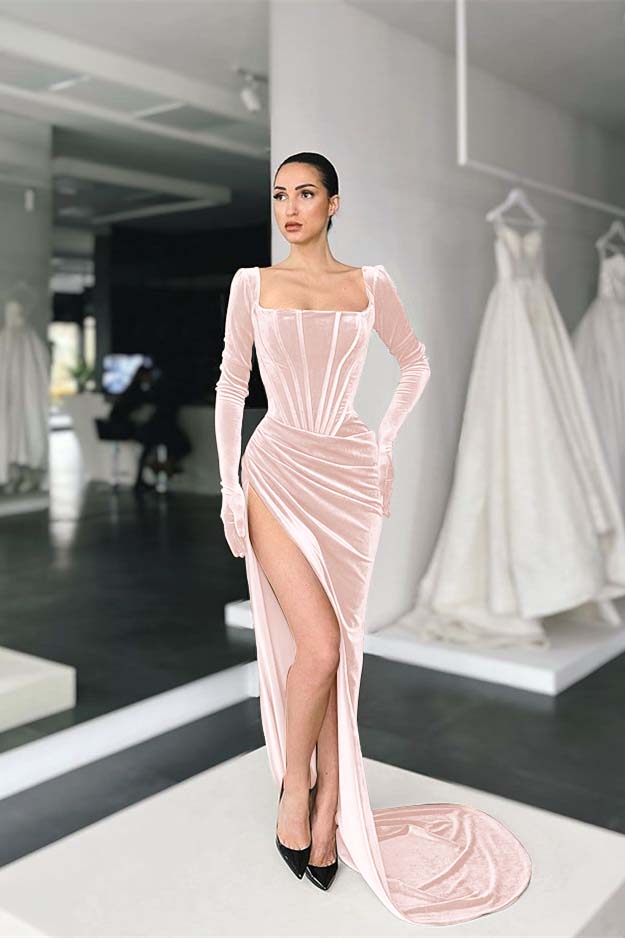 Square Long Sleeves Prom Dress With Slit