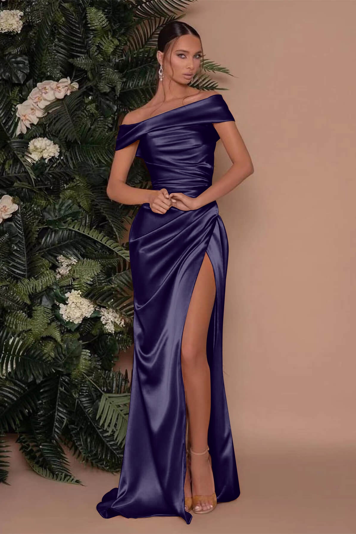 Champagne Off The Shoulder Prom Dress Charmeuse Slit Mermaid