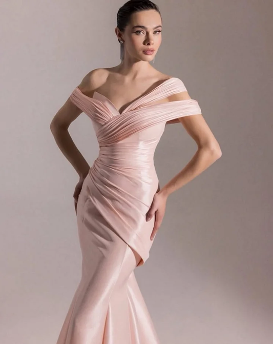 Classic Blushing Pink Off-The-Shoulder Mermaid Pleated Evening Dress