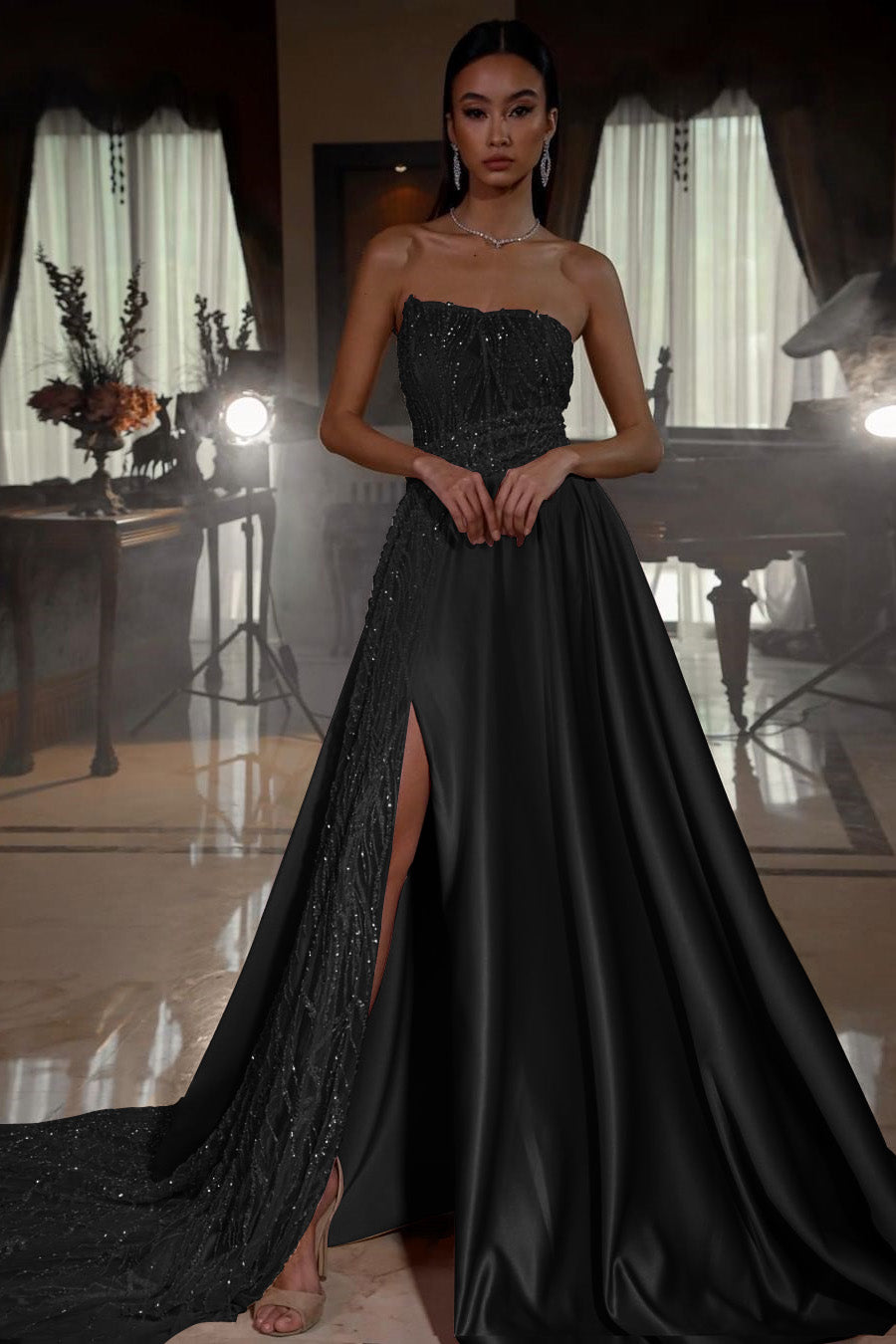 Pink Strapless A-Line Sleeveless Sequins Prom Dress With Split