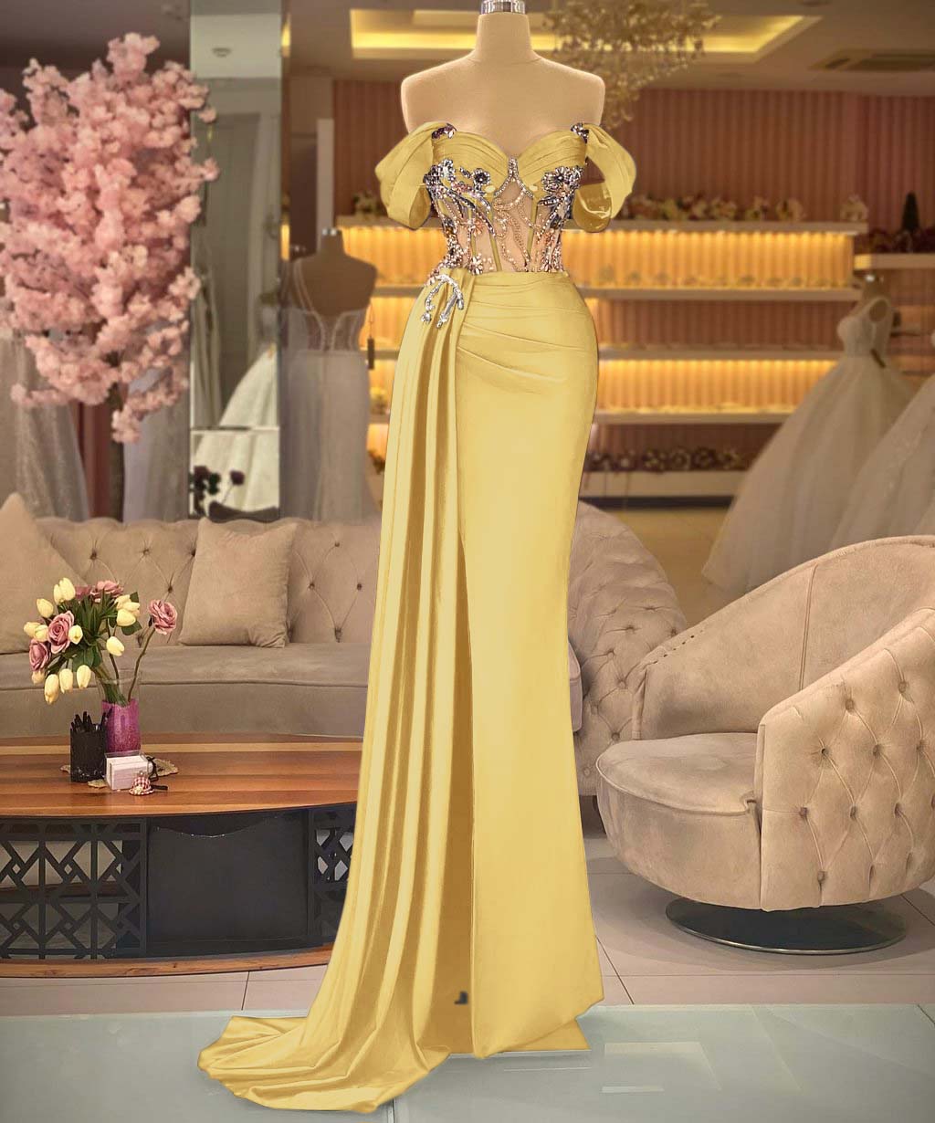 Elegant Off-the-shoulder Royal Blue Beaded Sleeveless Prom Dress with Split