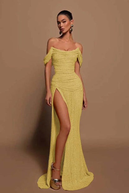 Glamorous Sequins Off the Shoulder Sleeveless Pleated Long Prom Dress with Split