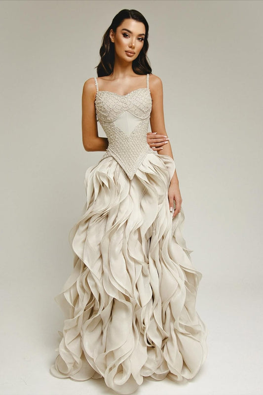 Sleeveless Exquisite Beaded Bustier Prom Dress with Cascading 3D Ruffles