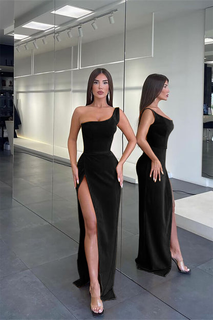 Elegant One Shoulder Sleeveless Mermaid Evening Dress Long Slit