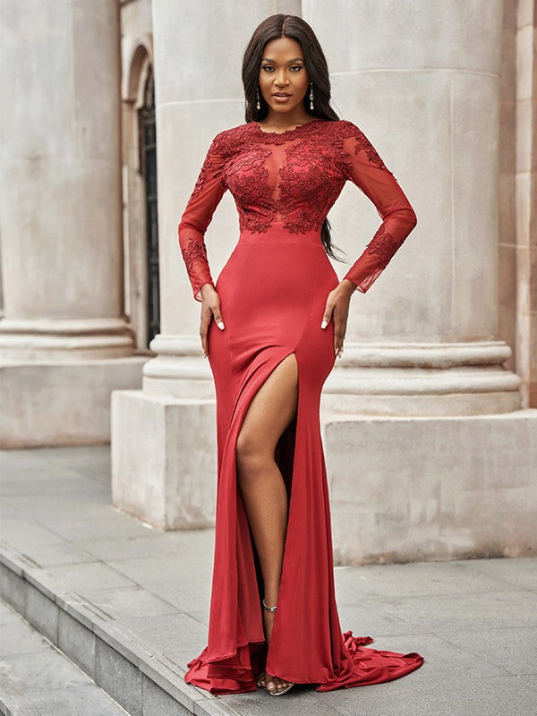 Red Long Sleeves Mermaid Prom Dress With Slit