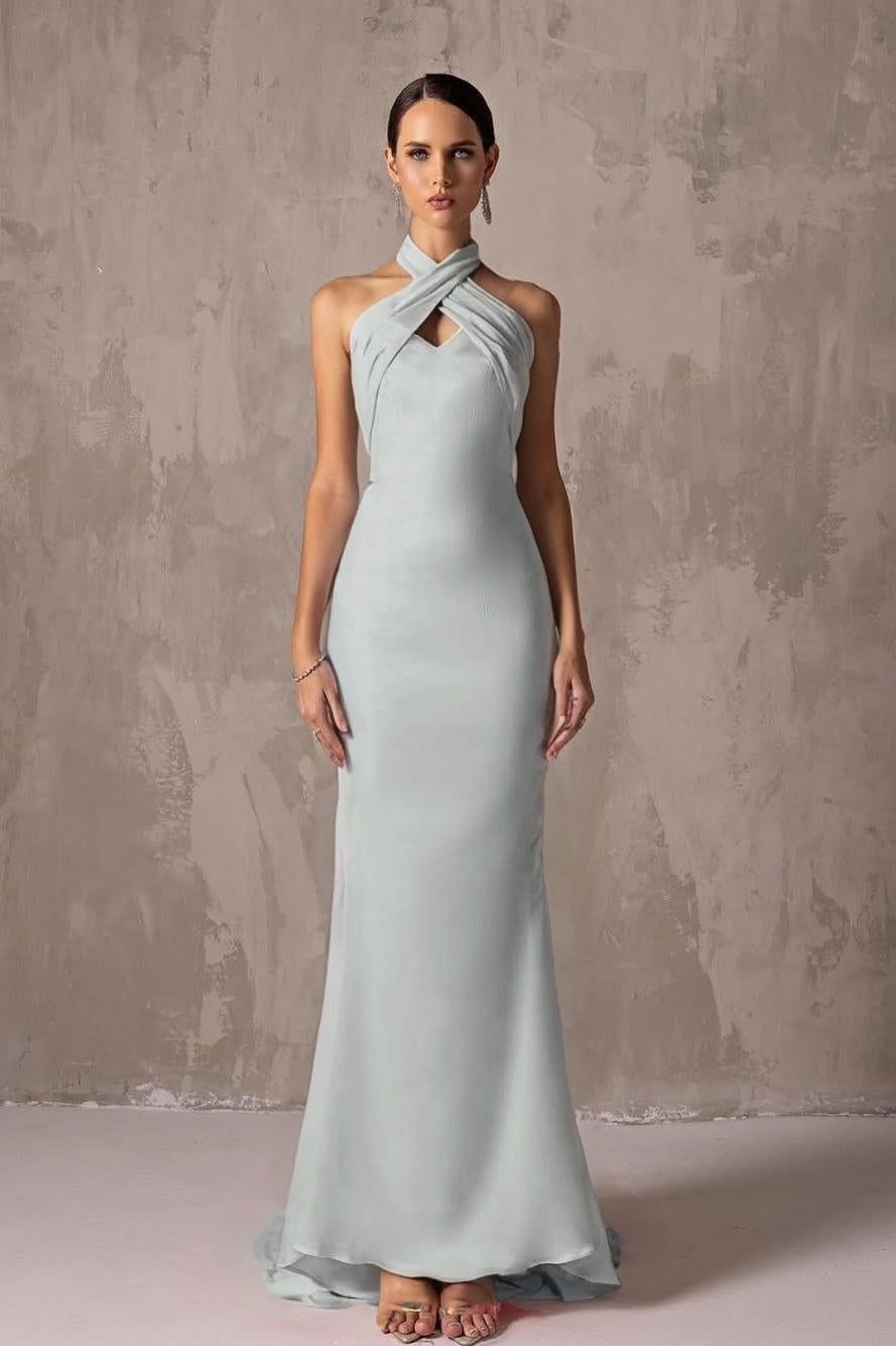 Elegant Blushing Pink Satin Halter Sleeveless Long Prom Dress with Pleated