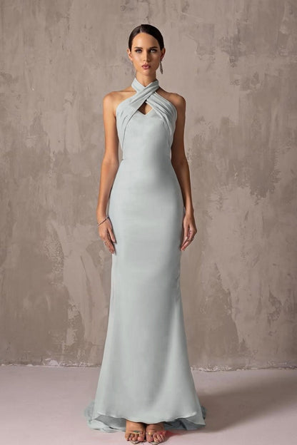 Elegant Blushing Pink Satin Halter Sleeveless Long Prom Dress with Pleated