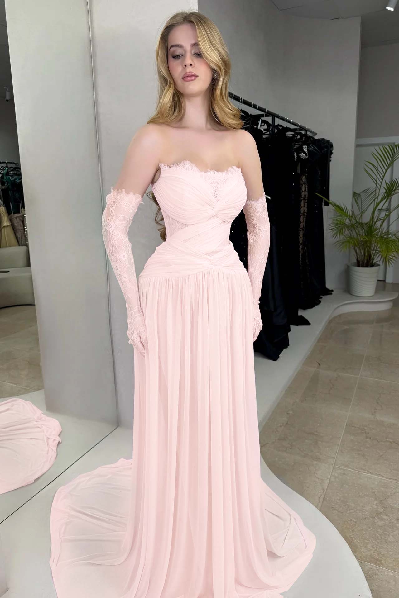 Lilac Strapless Fitted Evening Dress in Chiffon Pleated With Lace