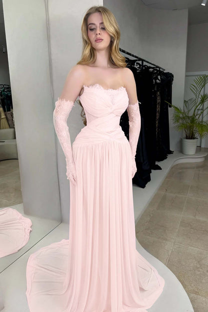 Lilac Strapless Fitted Evening Dress in Chiffon Pleated With Lace
