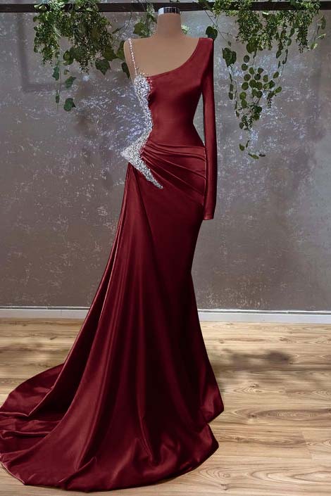 Long Sleeves Mermaid Burnt Orange Prom Dress With Beads