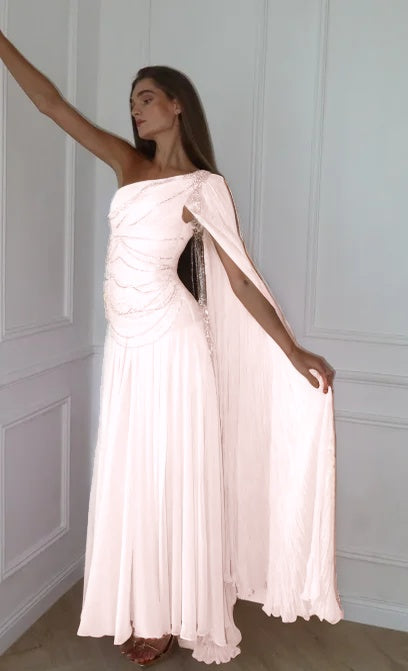 Blushing Pink One Shoulder Sheath Evening Dress With Beadings