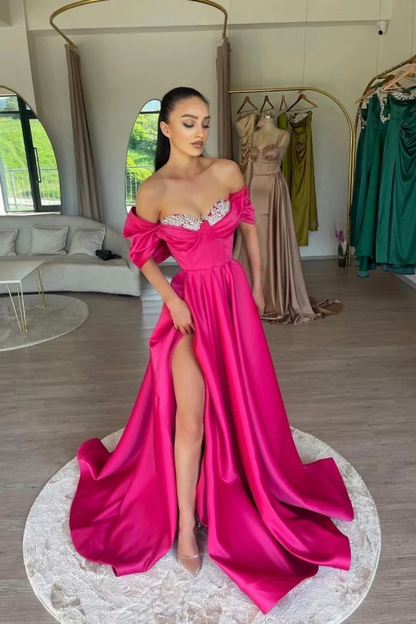 Elegant Fuchsia Off-The-Shoulder Beaded Sweetheart Prom Dress With Split