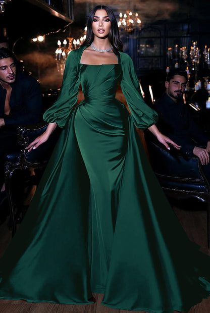 Square Emerald Long Sleeves Mermaid Prom Dress With Ruffles