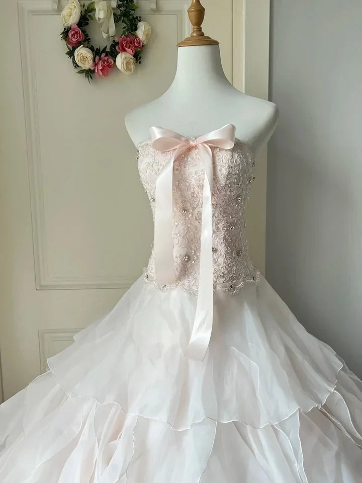 Princess A Line Sweetheart Neck Rhinestone Tiered Light Pink Tulle Party Dress Birthday Dress SH2885