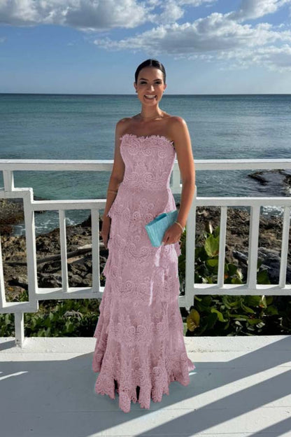 Elegant Mint Green Lace Strapless Sleeveless Prom Dress with Ruffles