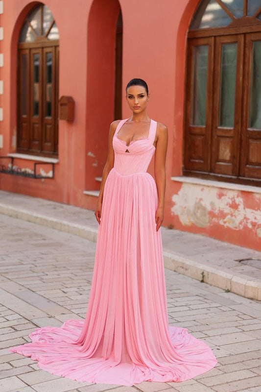 Sleeveless V-Neck Pleated A-Line Prom Dress With Lace