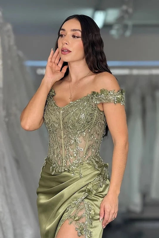 Green Sleeveless Off-Shoulders Mermaid Embroidery Prom Dress