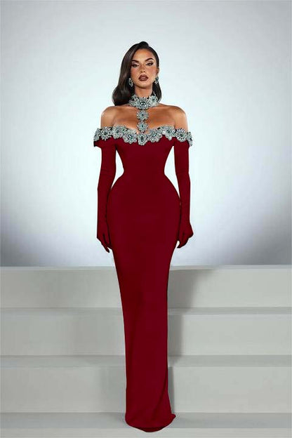 Charming Black Satin Long Sleeves Off the Shoulder Prom Dress with Beadings