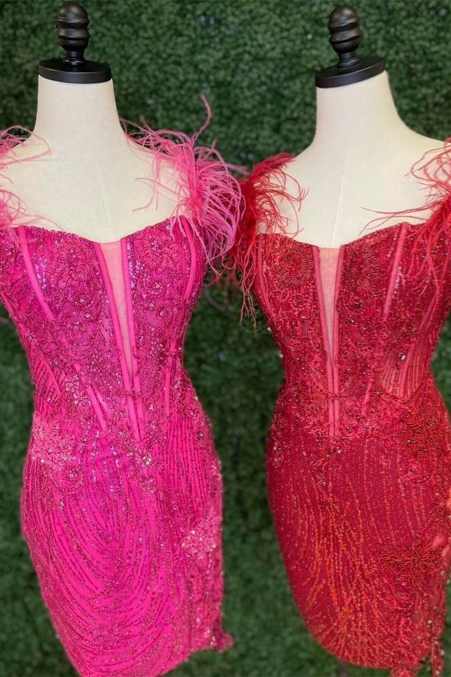 Red Off-the-Shoulder Sequined Sheath Homecoming Dress with Feathers