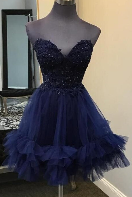 Strapless Short  Lace Top and Ruffle Skirt Homecoming Dress