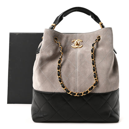 Suede Calfskin Shiny Lambskin Quilted Shopping Bag Grey Black