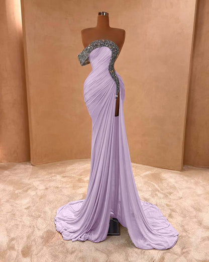 Light Purple Sleeveless Strapless Mermaid Beads Prom Dress