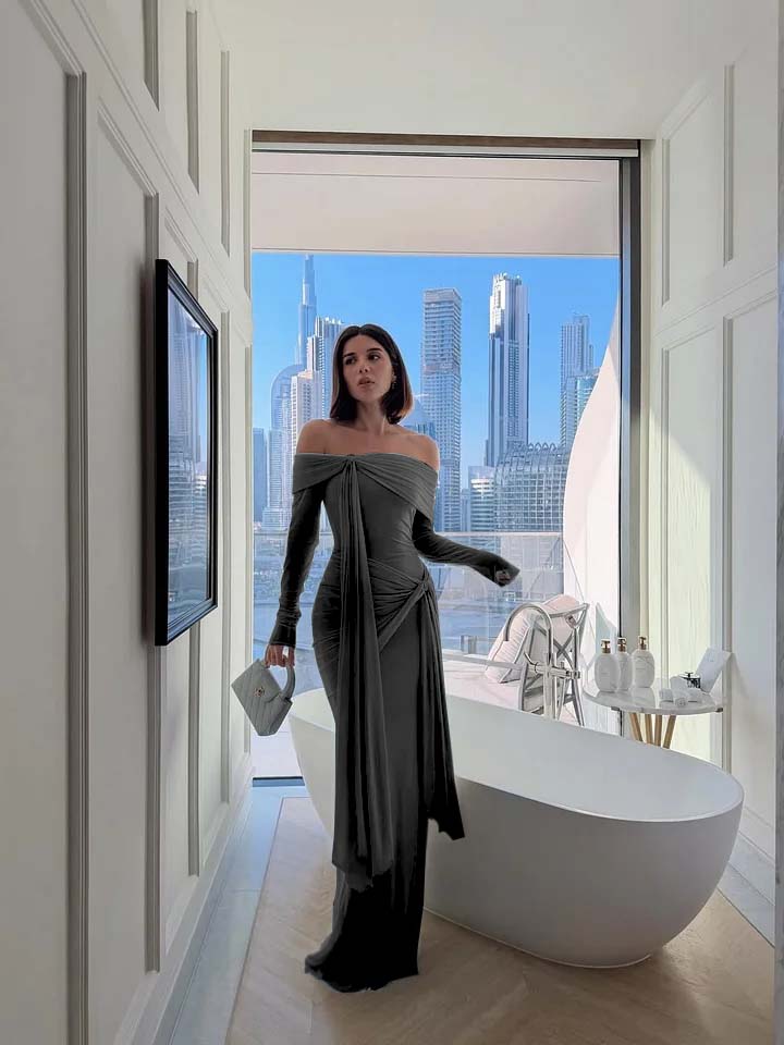 Chic Sky Blue Off-The-Shoulder Long Sleeves Pleated Chiffon Evening Dress