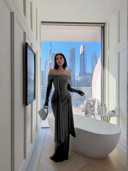 Chic Sky Blue Off-The-Shoulder Long Sleeves Pleated Chiffon Evening Dress