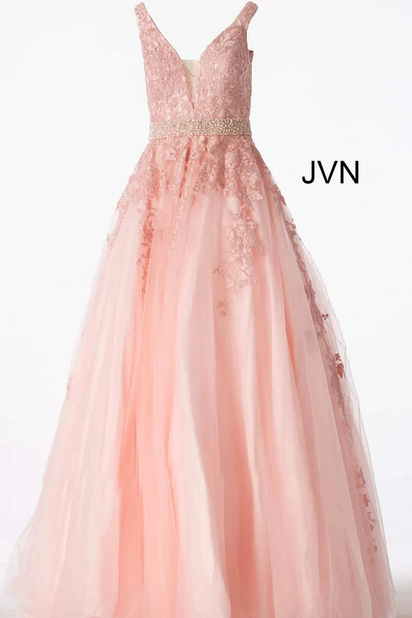 Black V-Neck Sleeveless Prom Dress with Applique Beadings