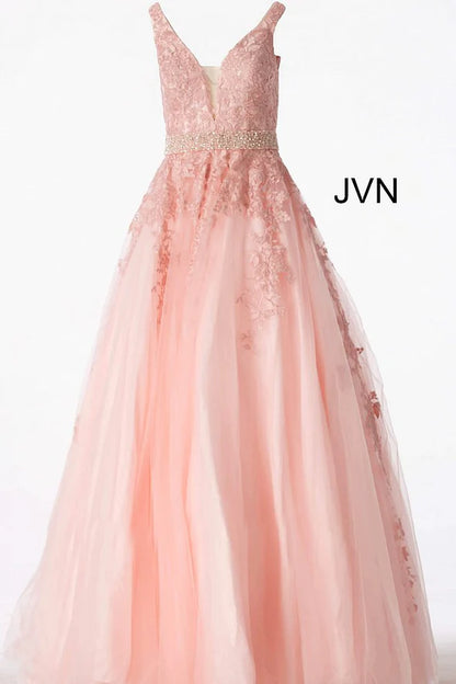 Black V-Neck Sleeveless Prom Dress with Applique Beadings