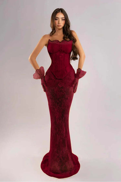 Strapless Sleeveless Long Mermaid Evening Dress With Lace Embroidery Gloves