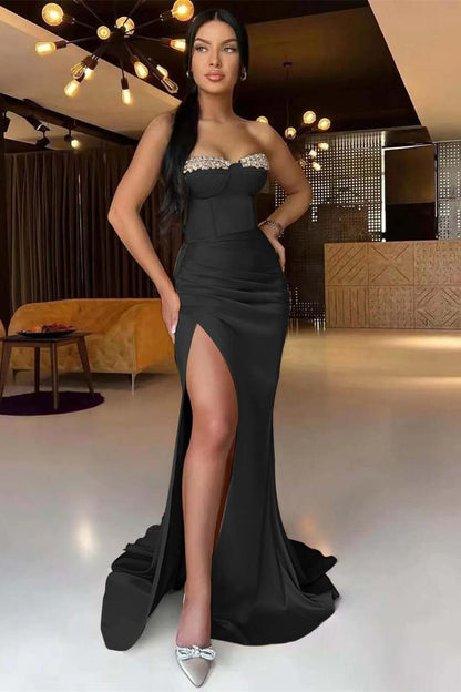 Gorgeous Dark Champagne Strapless  Mermaid Long  Prom Dress Split With Pleats Ruffles Beads