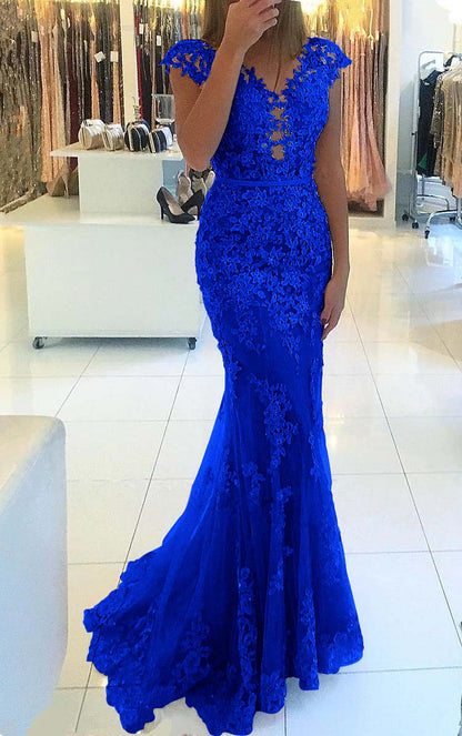Appliques Mermaid Cap Sleeve Prom Dress