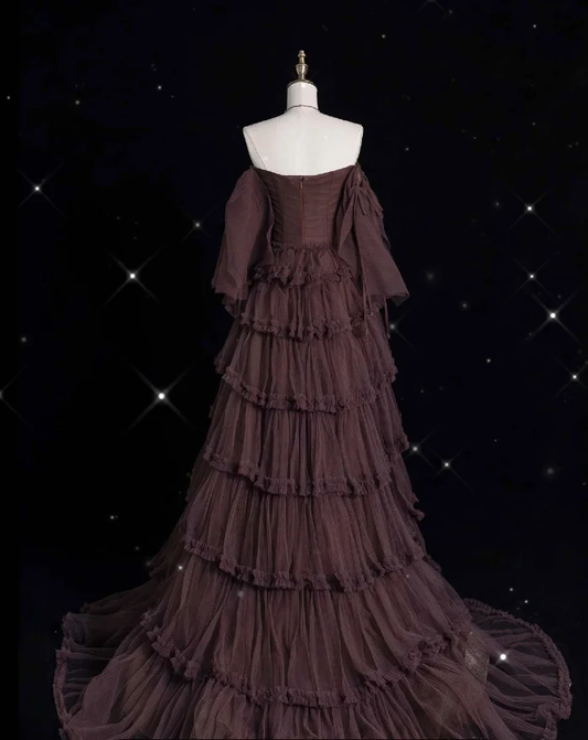 Chic Ball Gown Off The Shoulder Long Sleeves Evening Dress Tulle Long Prom Dresses fg8568