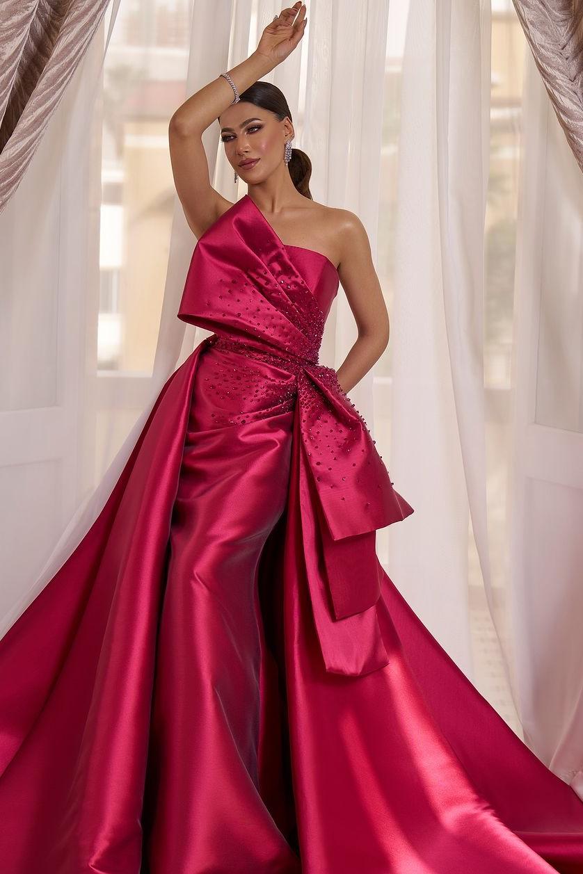 Glamorous Fuchsia Satin Strapless Sleeveless Long Bow Prom Dress with Beadings
