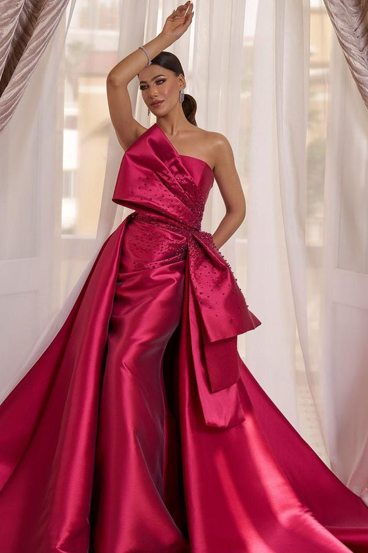 Glamorous Fuchsia Satin Strapless Sleeveless Long Bow Prom Dress with Beadings