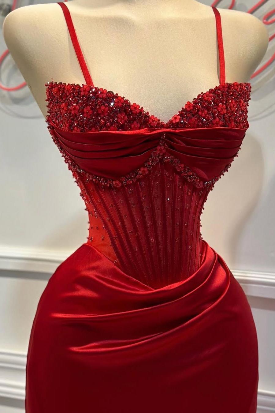 Shinning Red Satin Spaghtti Strap Sweetheart Split Prom Dress with Beadings