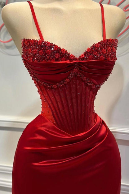 Shinning Red Satin Spaghtti Strap Sweetheart Split Prom Dress with Beadings