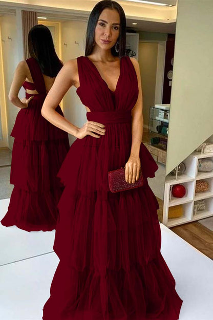 Sleeveless Tulle Long Watermelon Prom Dress