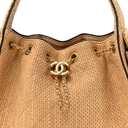 Braided Raffia Calfskin Quilted Small Chanel 25 Handbag Beige Black