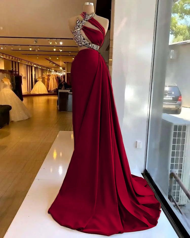 Satin Stunning Beading Sleeveless Long Prom Dress with Ruffle