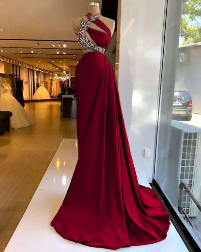 Satin Stunning Beading Sleeveless Long Prom Dress with Ruffle