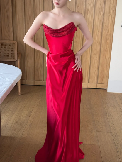 Elegant A Line Strapless Red Charming Satin Prom Dress Party Dress SH4736