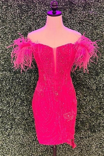 Red Off-the-Shoulder Sequined Sheath Homecoming Dress with Feathers